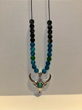 Bull Skull Pendant Beaded Necklace - Teal, Green, Blue & Black on Black Cord